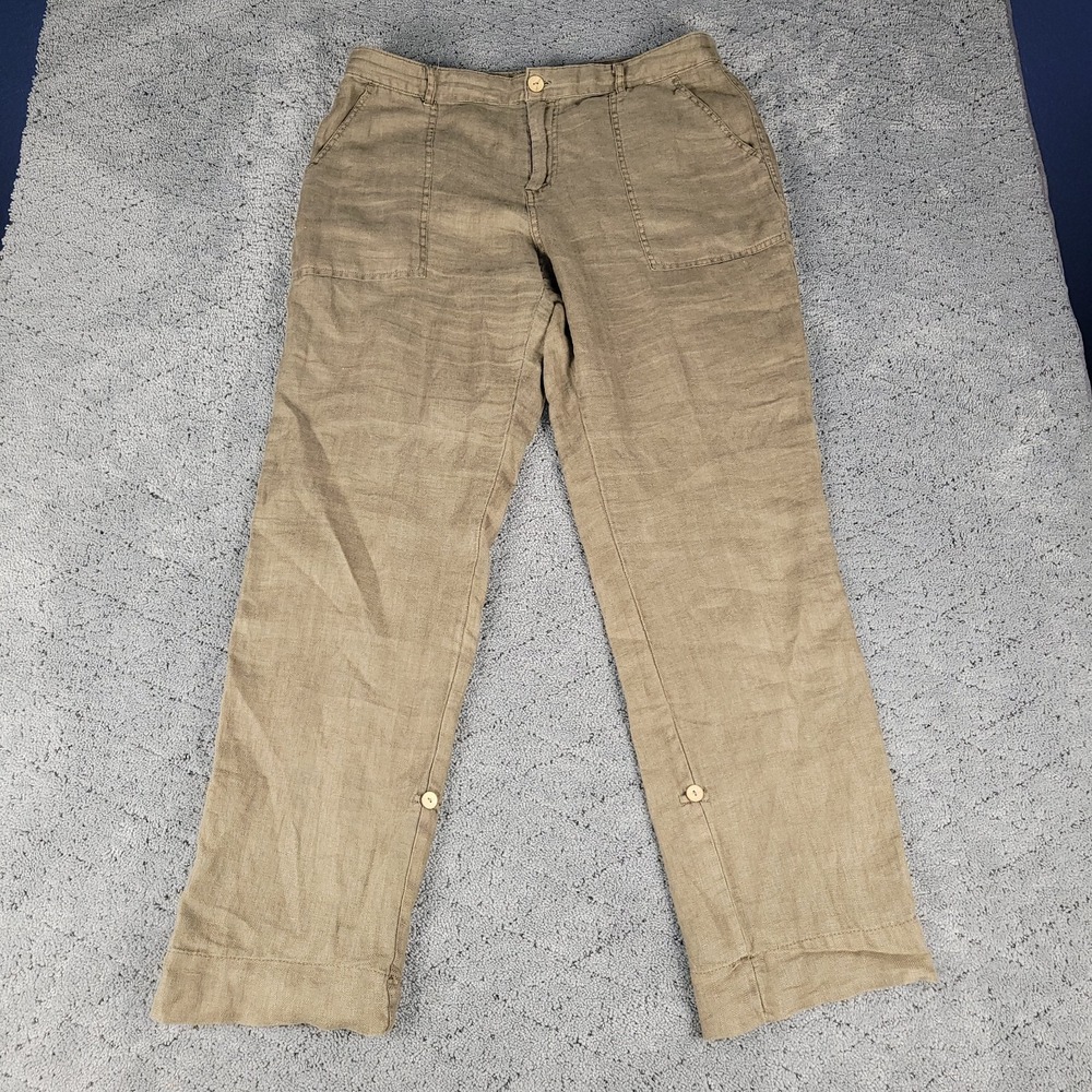 Nicole Miller Pants Womens 12 Brown 100% Linen Roll Tab Relaxed Lightweight